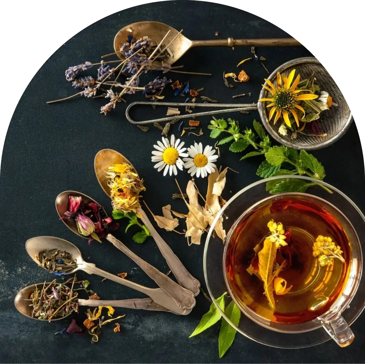 A table topped with spoons and cups filled with tea.