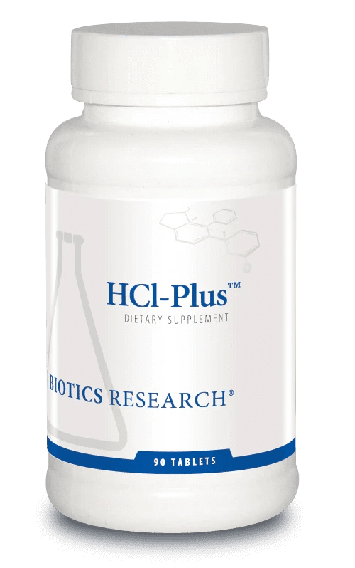 White bottle of HCl-Plus dietary supplement.