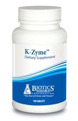 K-Zyme dietary supplement bottle, 100 tablets.