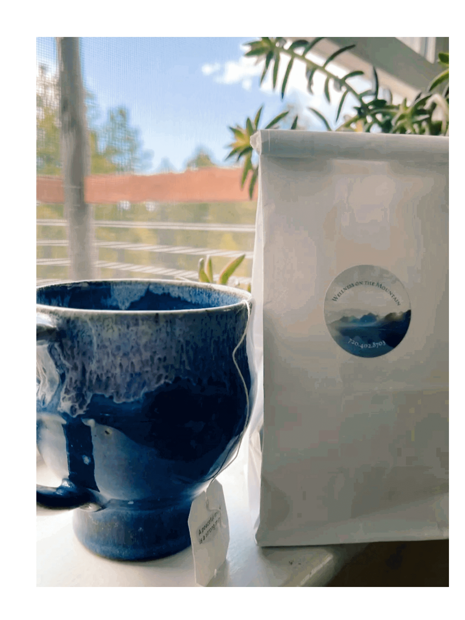 Blue mug and coffee bag by window.