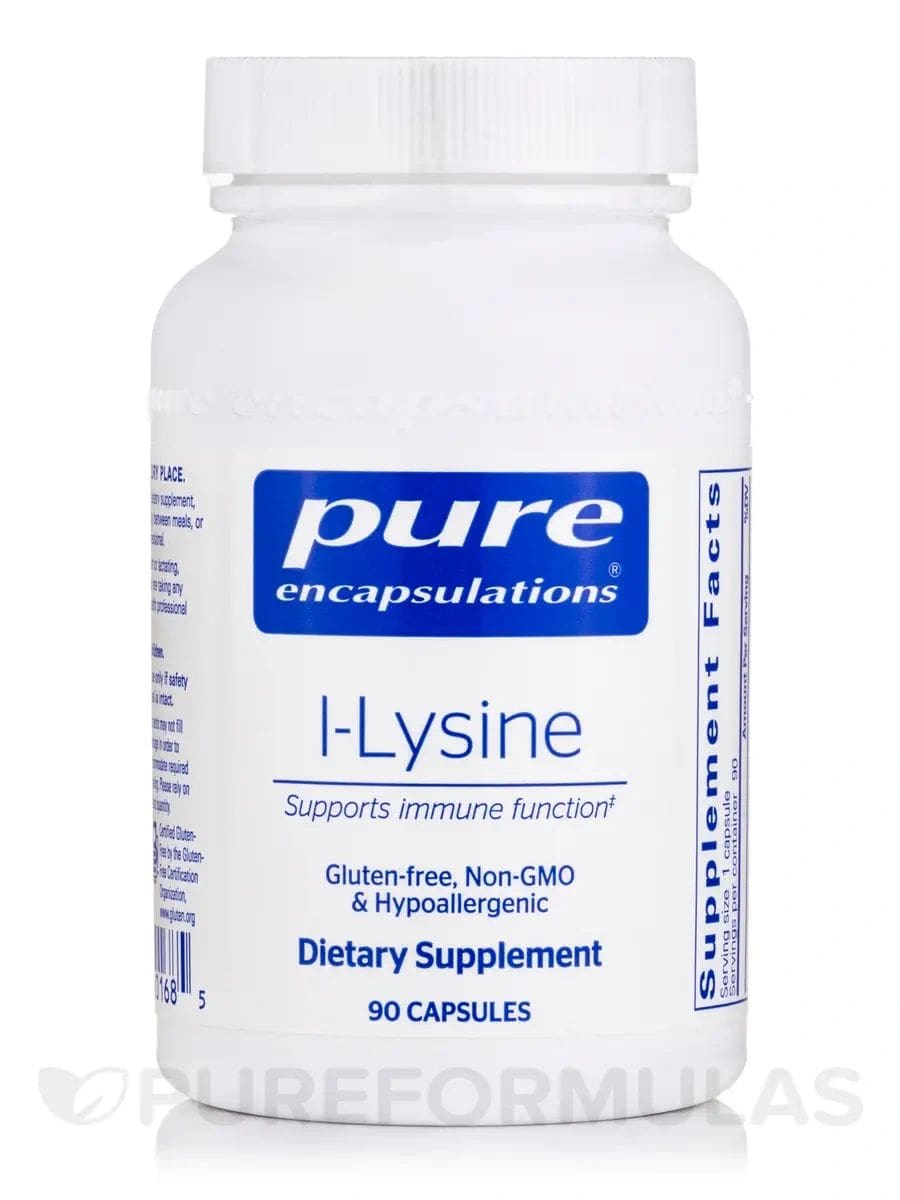 L-Lysine dietary supplement bottle, 90 capsules.