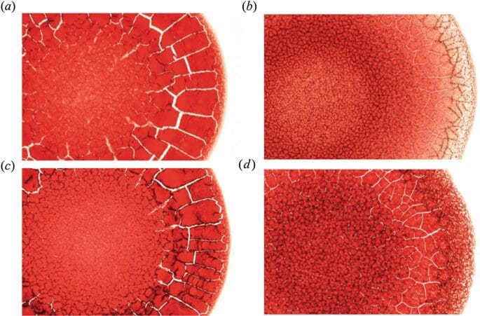 Red cracked patterns in four image panels.