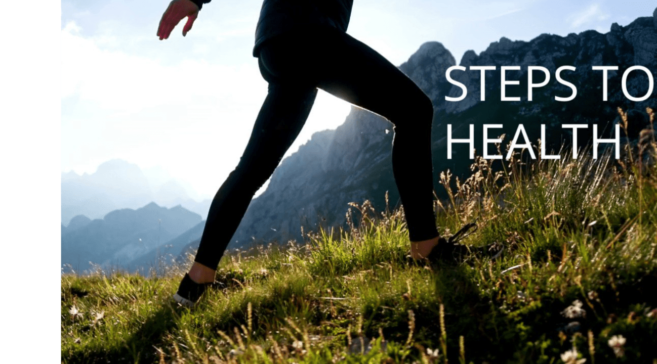 Person hiking in mountainous landscape, "Steps to Health".