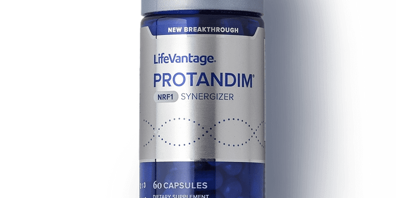 Protandim dietary supplement bottle with blue design.