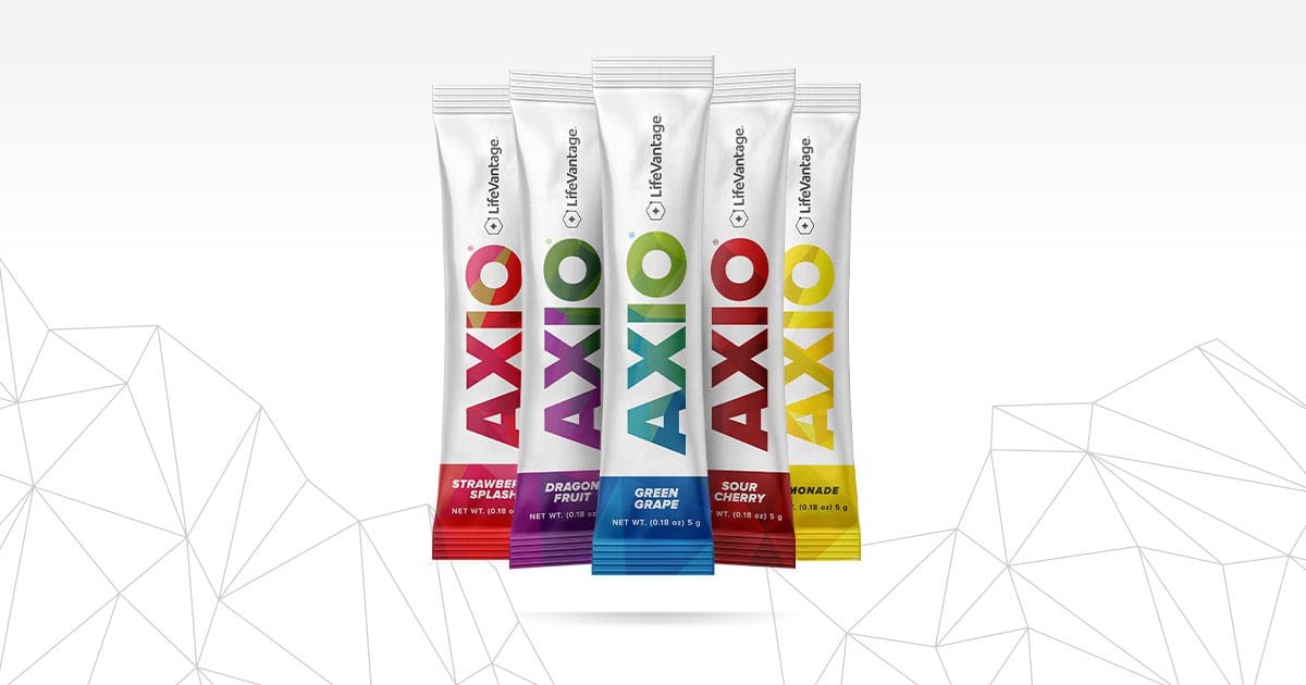 AXIO energy drink packets in assorted flavors.