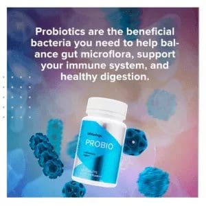 Probiotic supplement bottle with health benefits text.