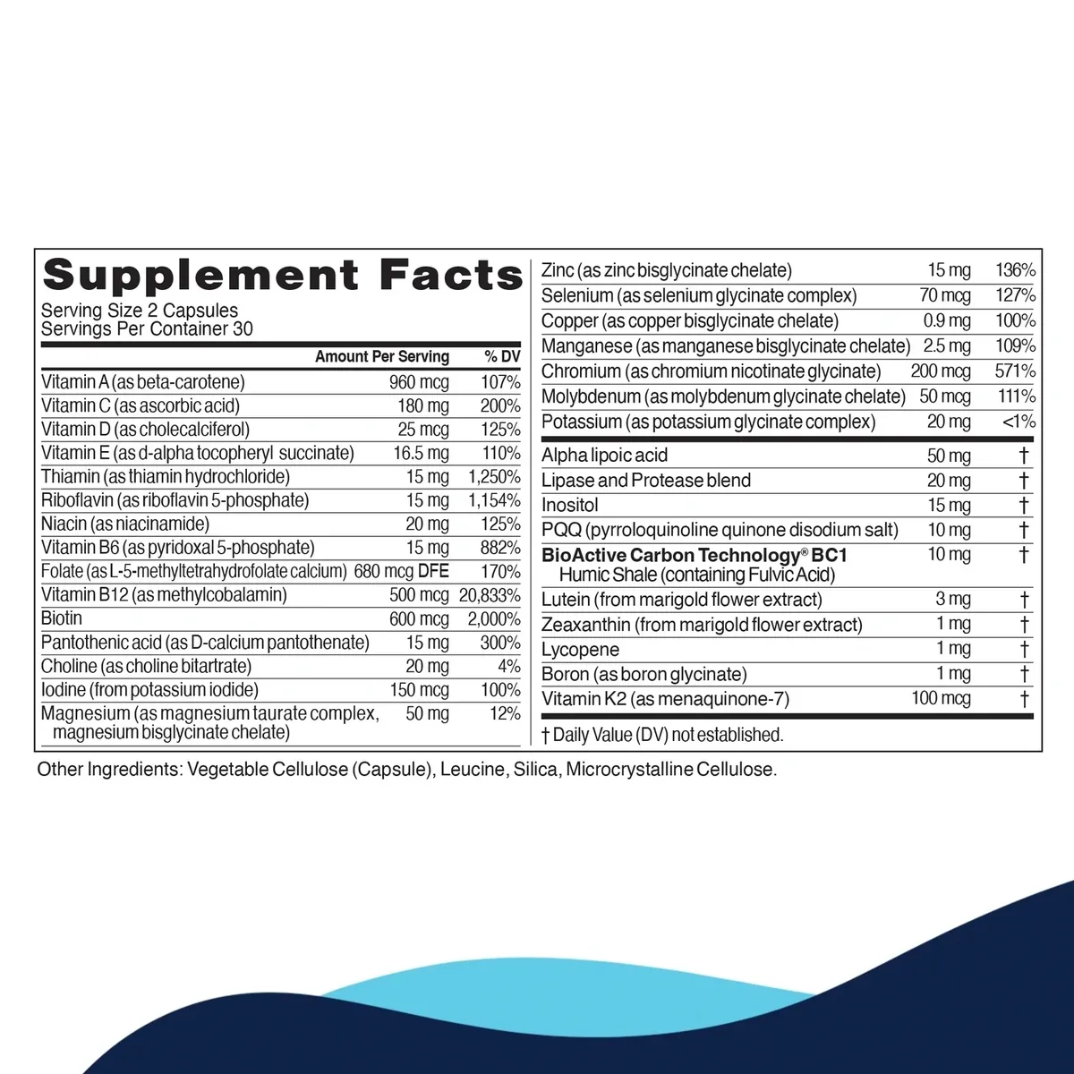 Supplement facts label with nutritional information.