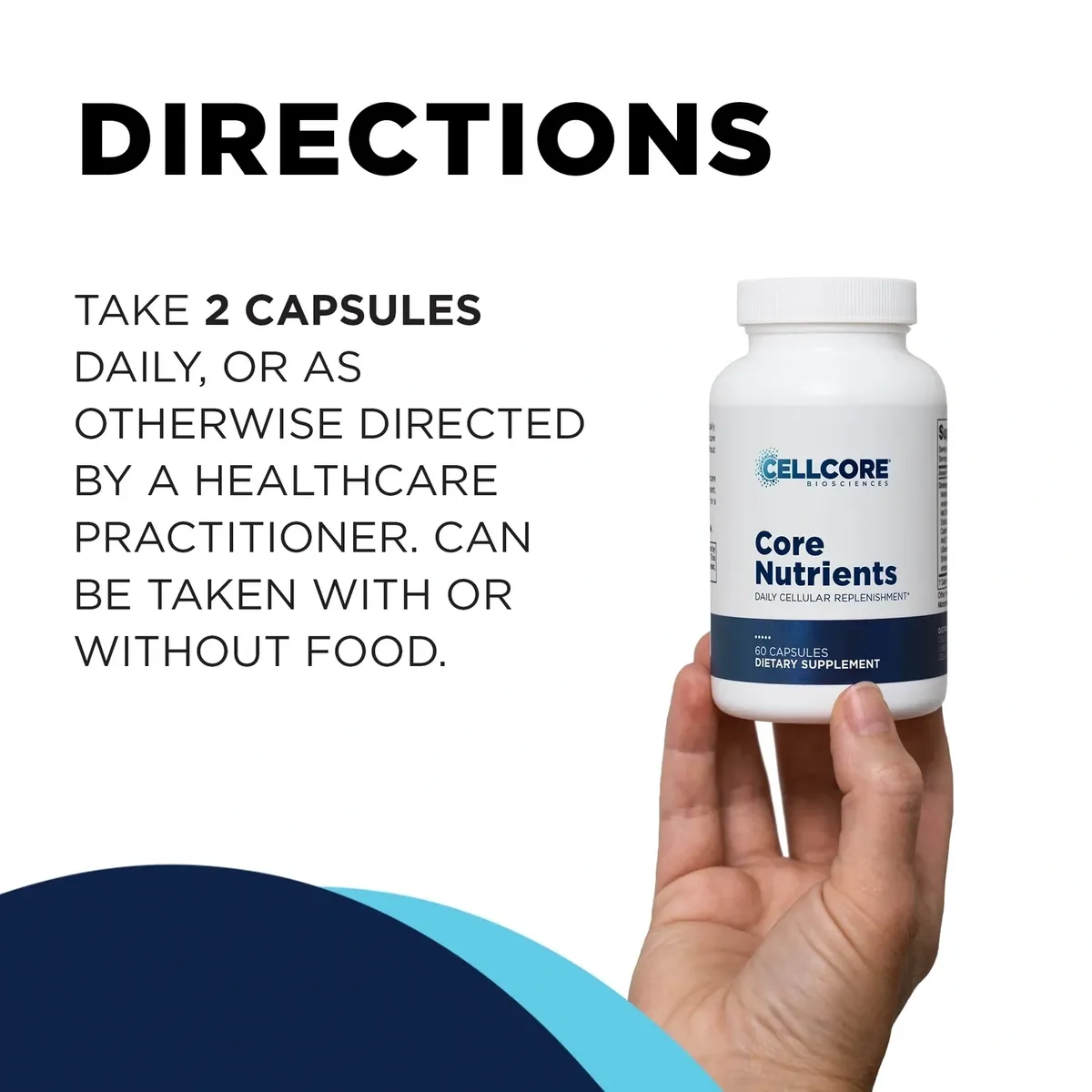 Supplement bottle with dosage instructions and hand.