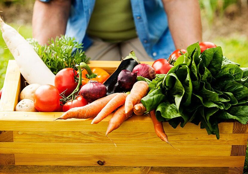 Fresh vegetables in a wooden crate outdoors.