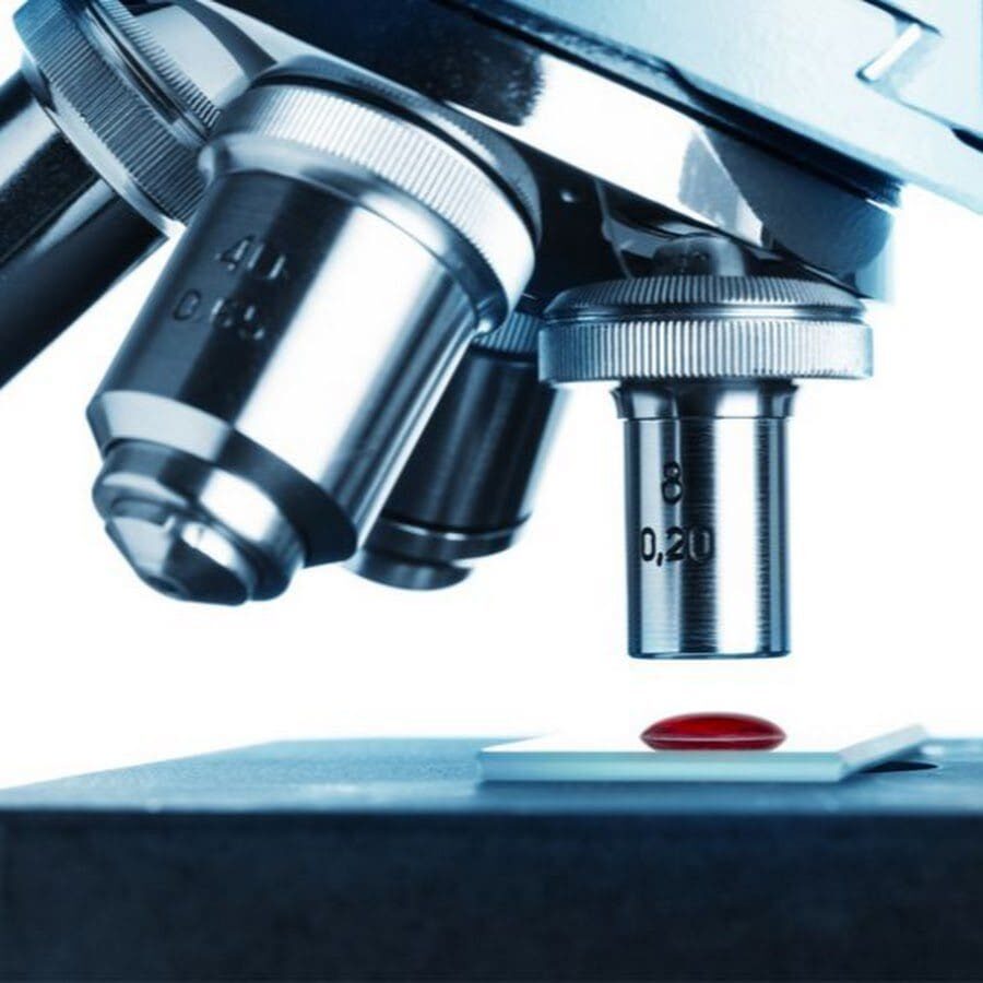Close-up of a microscope's objective lenses.